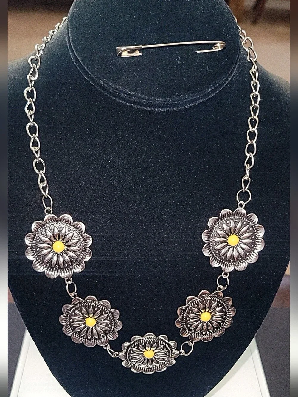 Silver Tone Floral Concho Necklace & Mustard Yellow Beaded Earrings Set